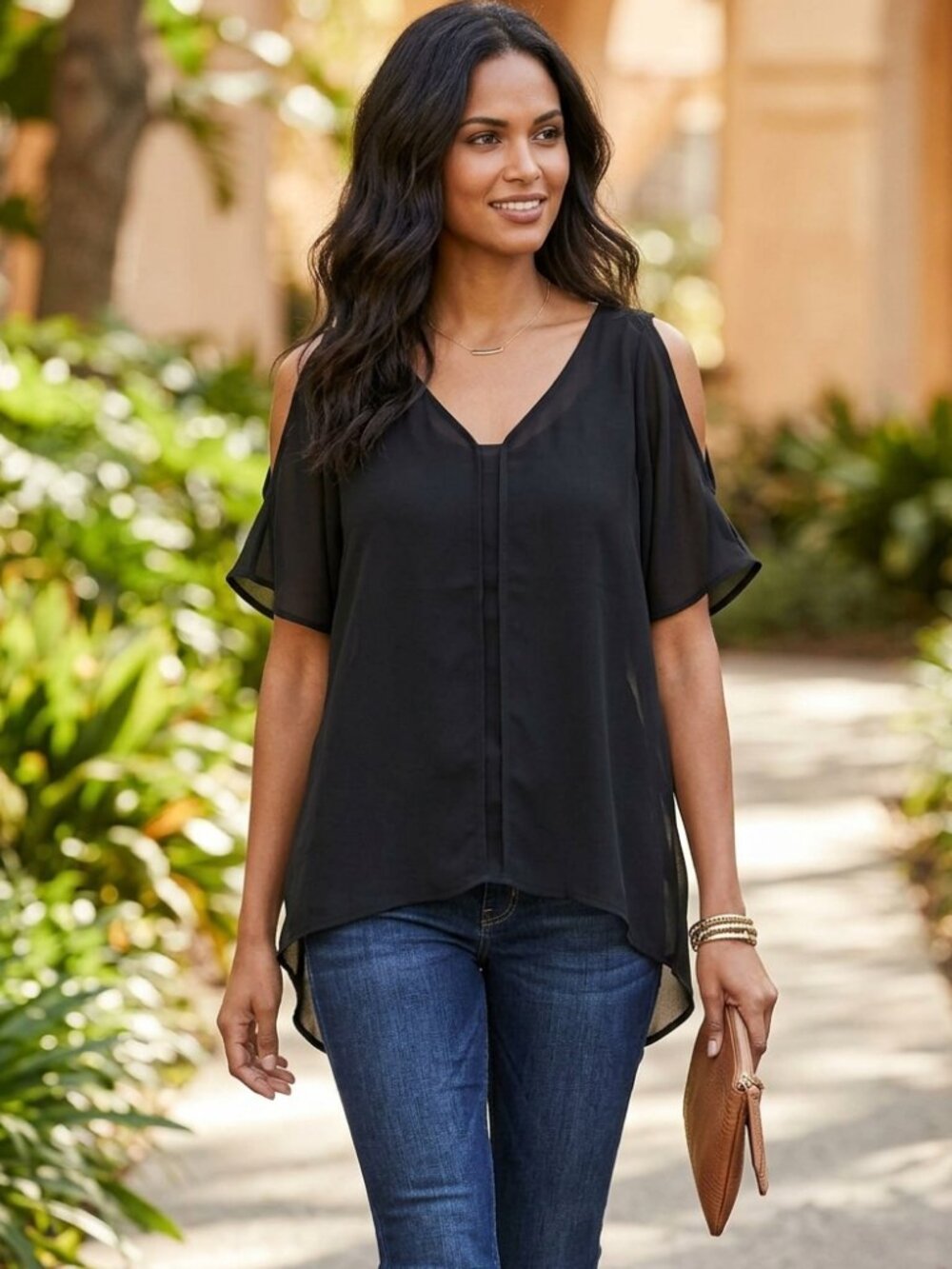 CATO Black Cold-Shoulder Blouse